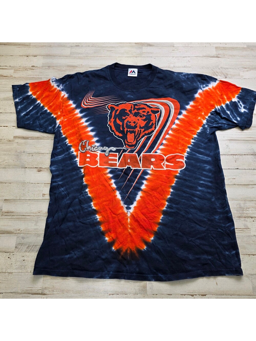 VTG Chicago Bears Tie Dye T-Shirt XL Majestic Orange Navy NFL Football Graphic